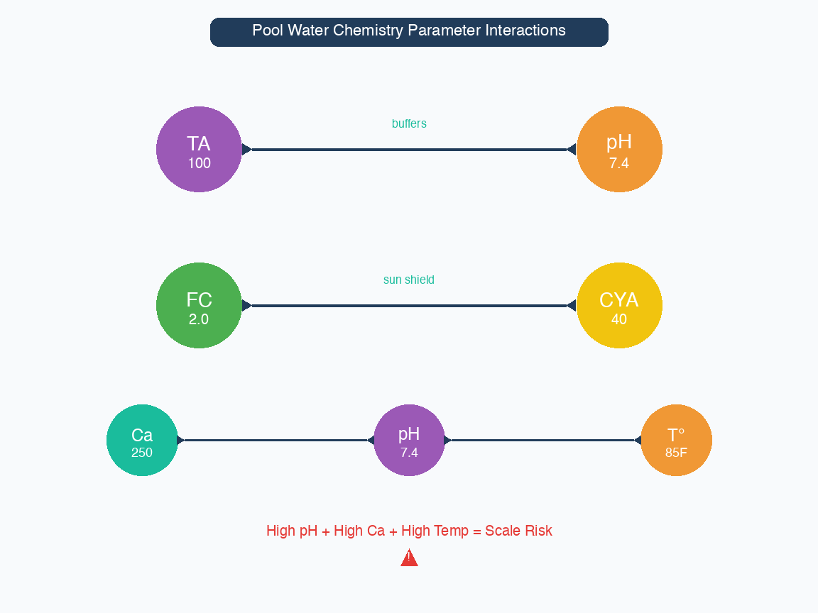 Diagram of pool parameter interactions: TA-pH buffering, FC-CYA sun shield, and calcium-pH-temperature scale relationships