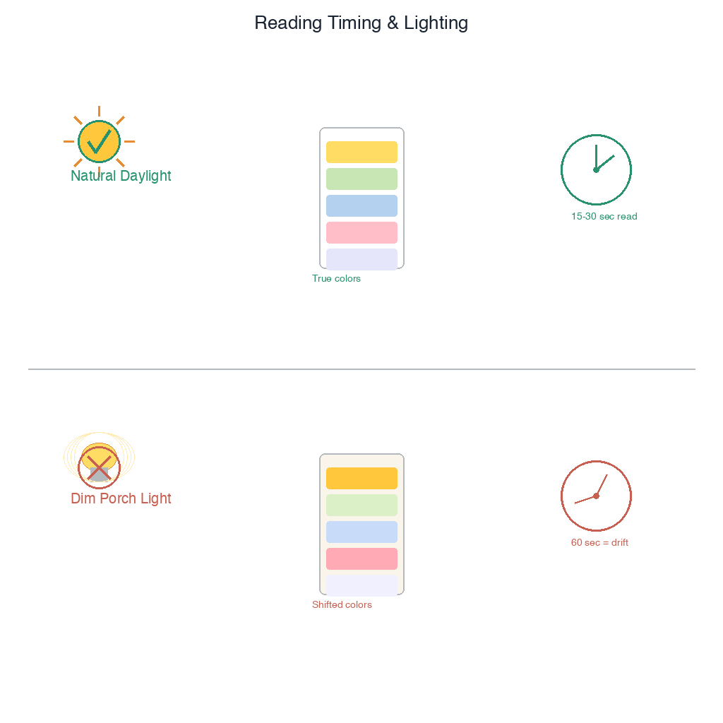 Pool test strip read in daylight at 15 seconds showing true colors versus dim porch light at 60 seconds with shifted colors