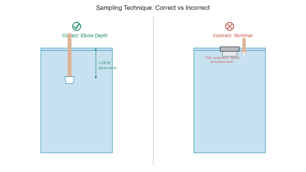 Correct elbow-depth cup sampling with green check versus incorrect skimmer-surface sampling with red X