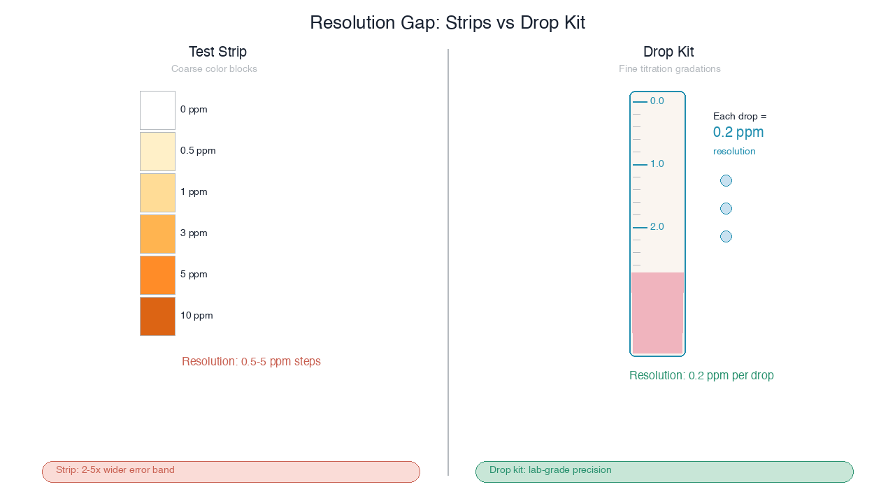 Test strip color blocks at 0.5-5 ppm resolution versus drop kit vial at 0.2 ppm per drop resolution