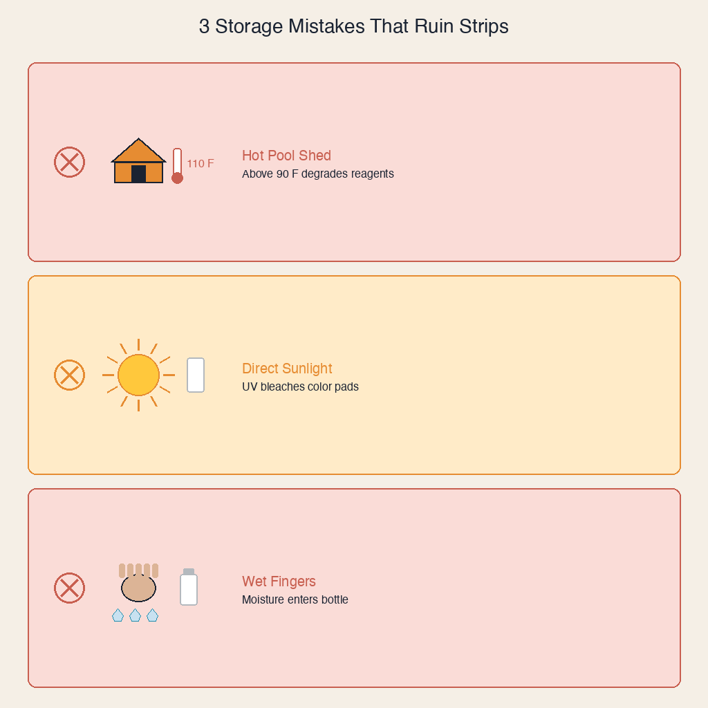 Three storage mistakes: hot pool shed above 90 degrees, direct sunlight, and wet fingers opening the bottle