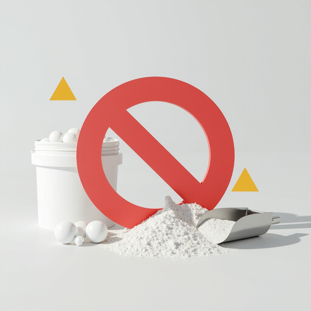 Red prohibition symbol over trichlor tablets and cal-hypo granules — never mix different chlorine types