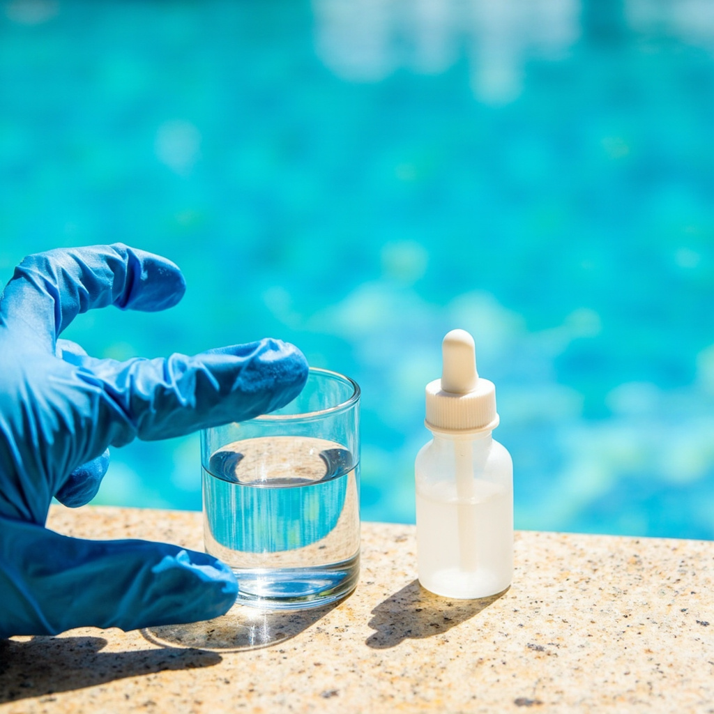 Pool owner testing cyanuric acid before choosing dichlor shock