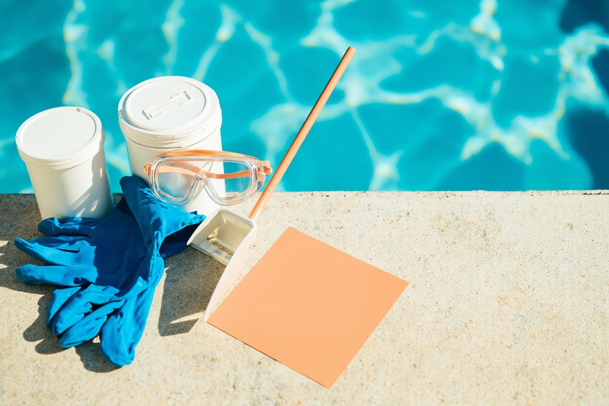 Pool shock safety gear with gloves, eye protection, and separate containers