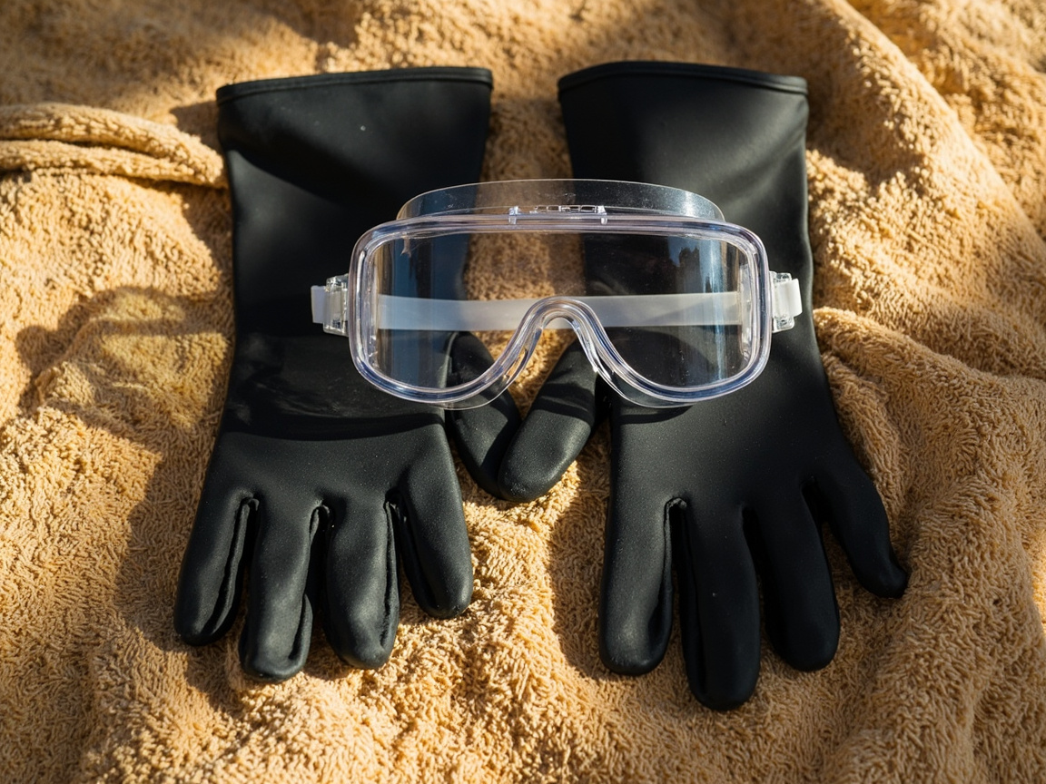 Black chemical-resistant gloves and clear splash goggles laid out on a tan towel, pool safety PPE