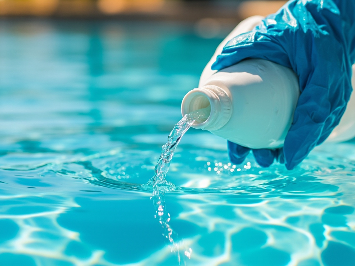 Blue-gloved hand pouring a thin stream of clear liquid into a pool return jet creating ripples in clear pool water