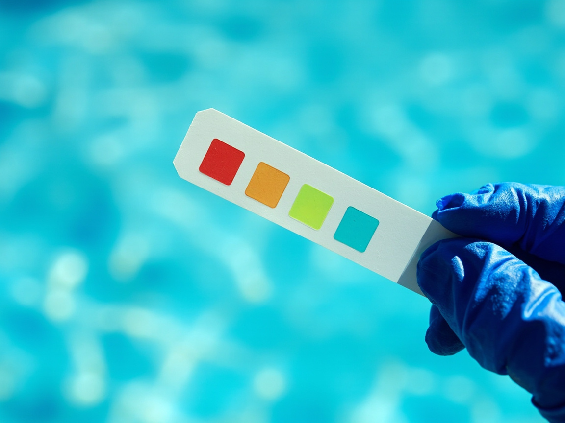 Plain white paper pH test strip with colored reagent patches held in a blue gloved hand over pool water