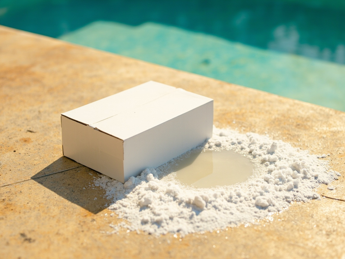 Plain white baking soda box beside a small puddle of clear liquid on concrete deck with visible bubbling neutralization