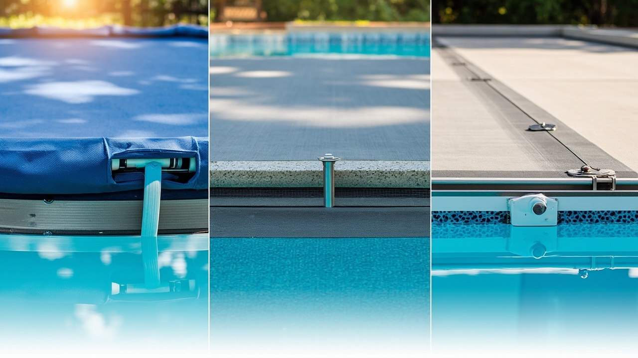 Three anchor systems for pool covers: water bags for above ground, deck anchors for inground, track system for automatic