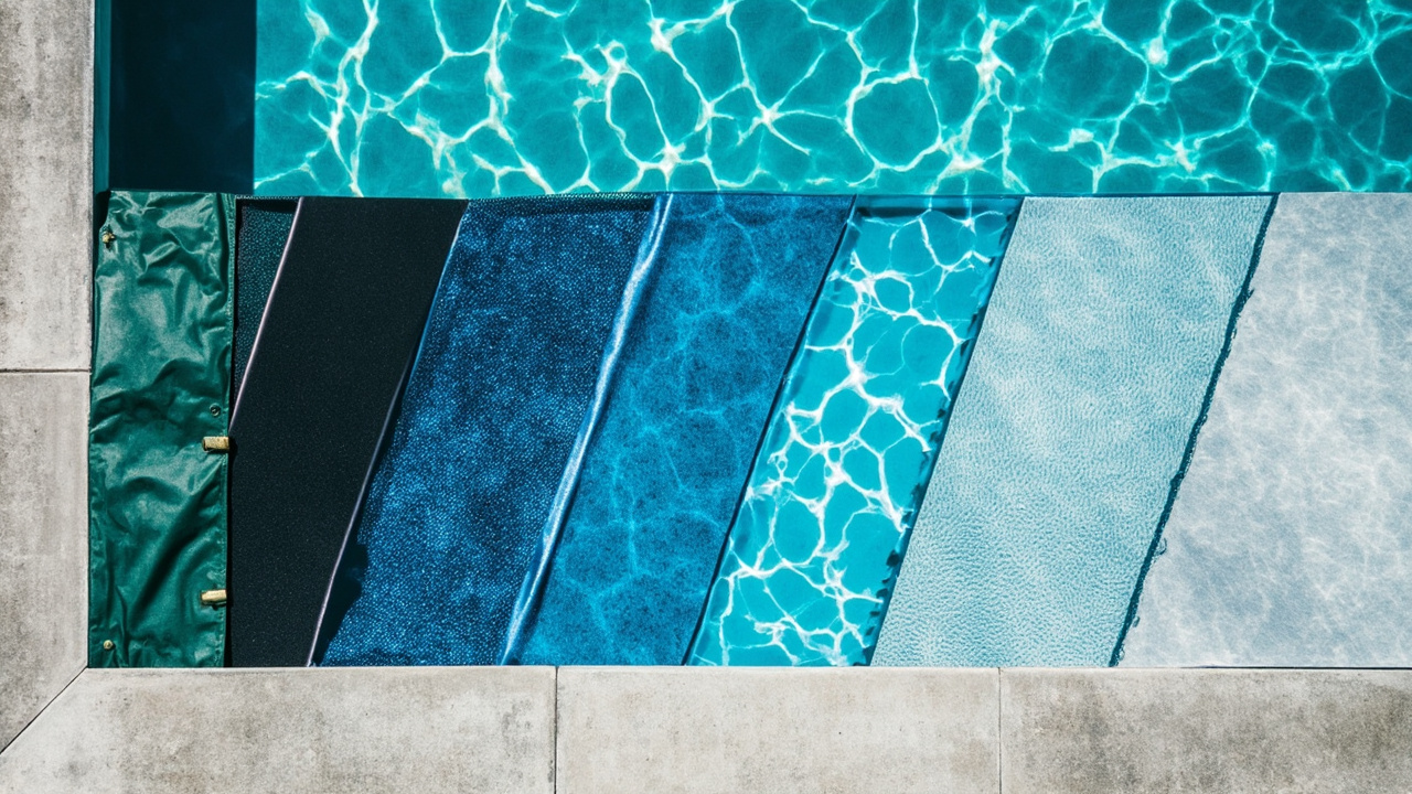 Decision tree flowchart for choosing pool cover type based on climate, kids, pets, and heat needs