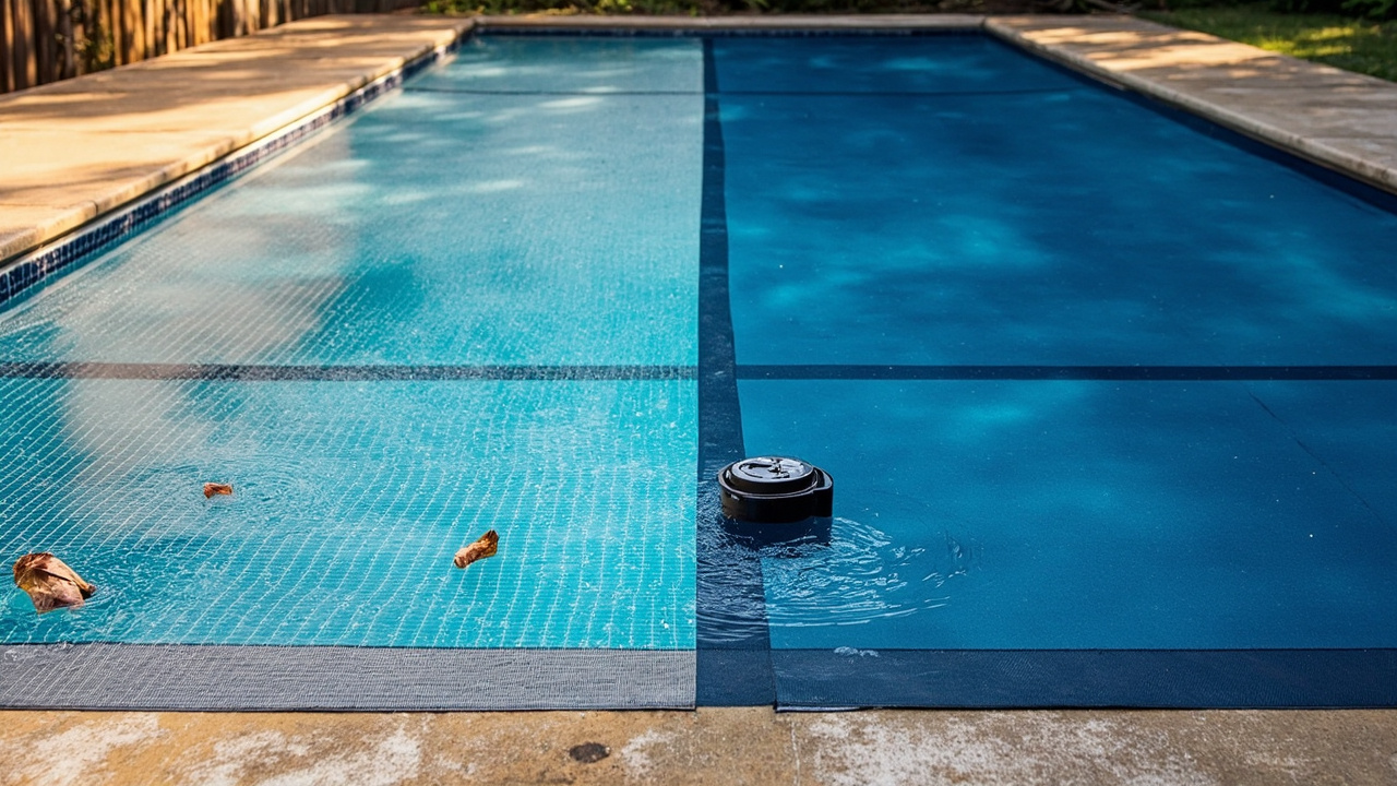 Mesh safety cover compared to solid safety cover, showing drainage and light-blocking differences