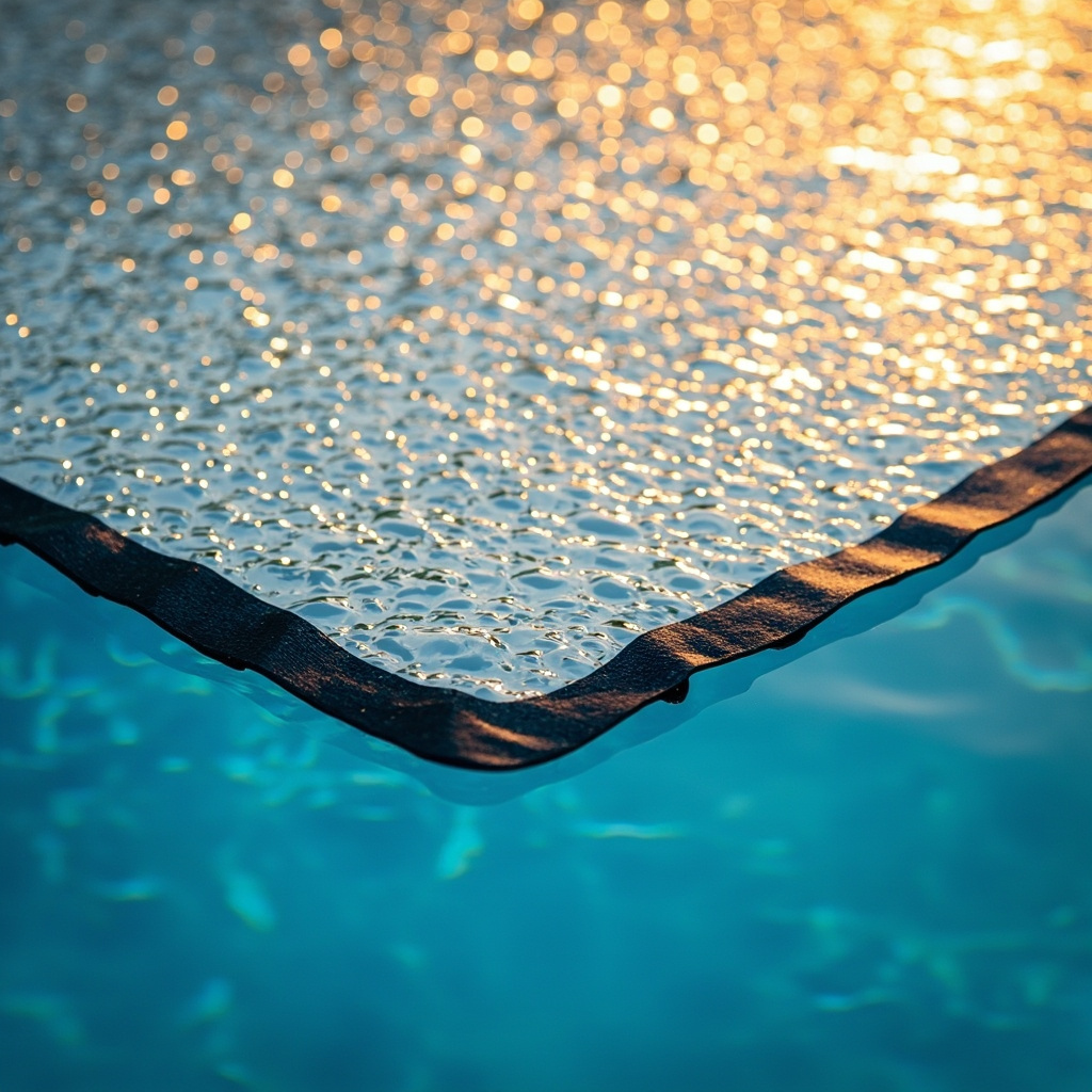 Bubble-pattern solar pool cover floating on water, illustrating heat retention
