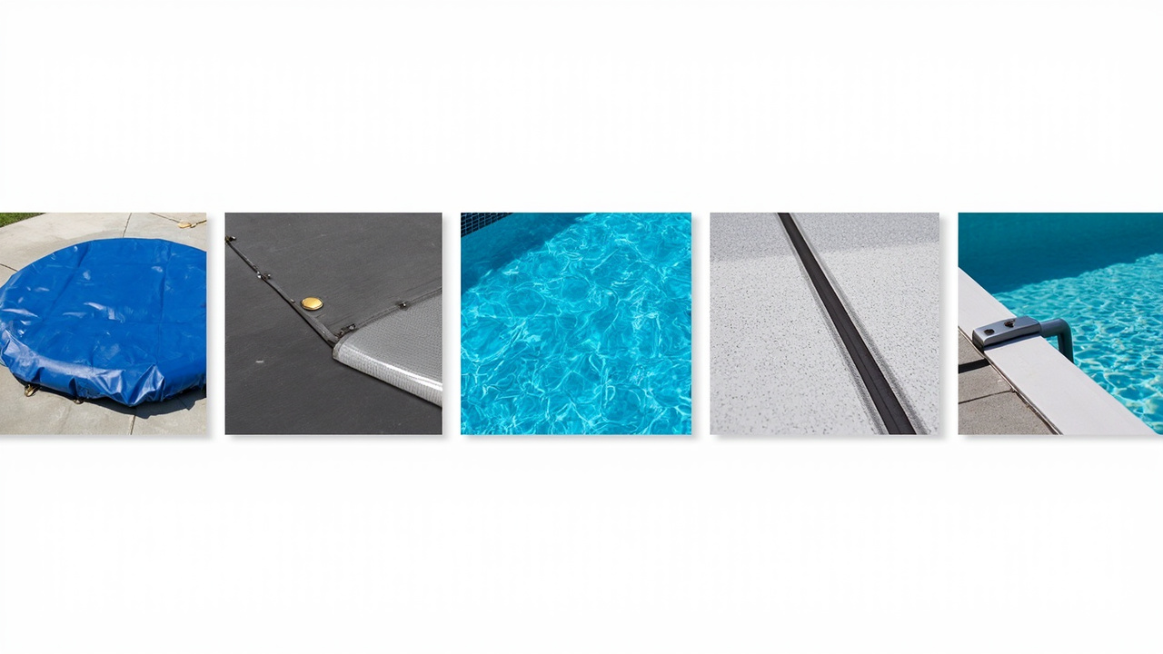Five pool cover types in a row: winter, safety, solar, mesh, automatic
