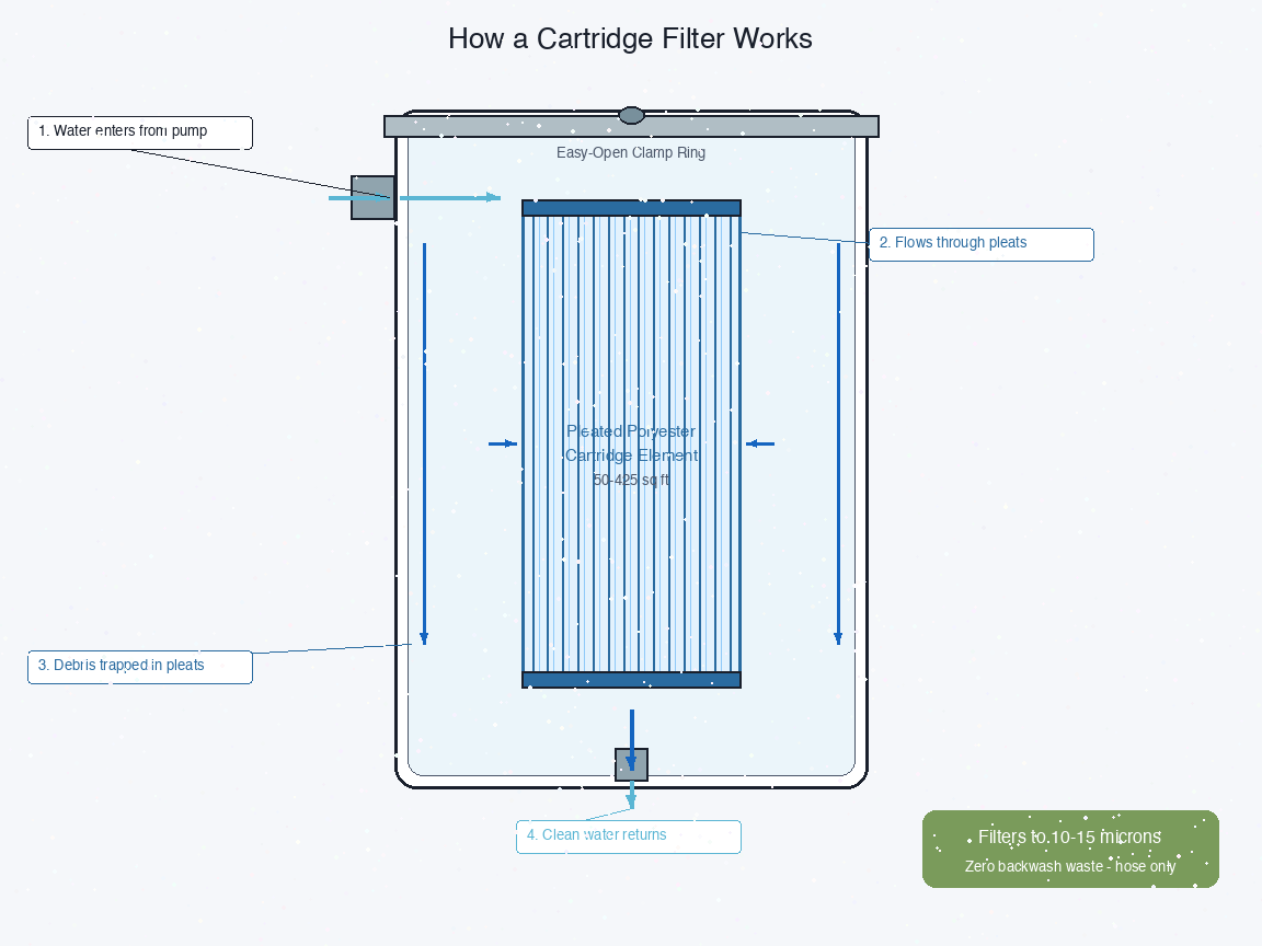 Cross-section diagram of a cartridge filter showing water flow through pleated polyester