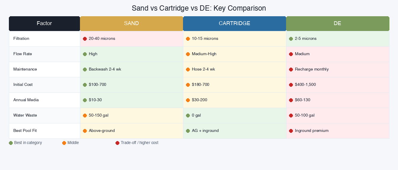 Side-by-side chart comparing sand, cartridge, and DE filters across micron, flow, and cost