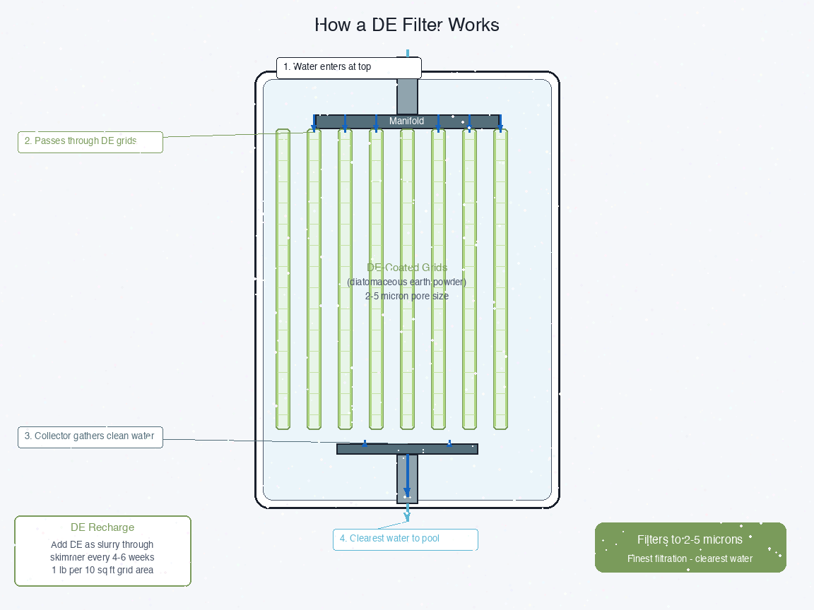 Cross-section diagram of a DE filter showing water flow through DE-coated grids