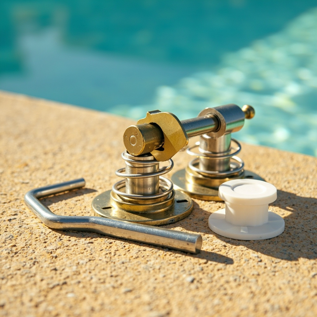 Pool cover anchoring hardware on tan deck: brass anchor strap with tension spring, hex key, and pop-up cap
