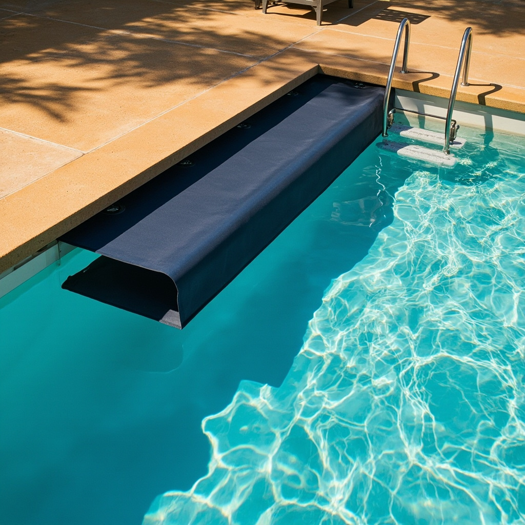 Pool with automatic safety cover half-retracted: navy vinyl cover, recessed metal track and rolled housing visible