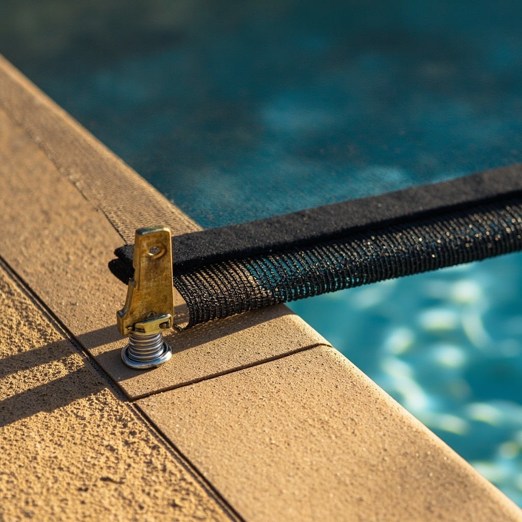 Dark mesh pool safety cover stretched tight over residential pool with brass anchor strap and spring on tan deck