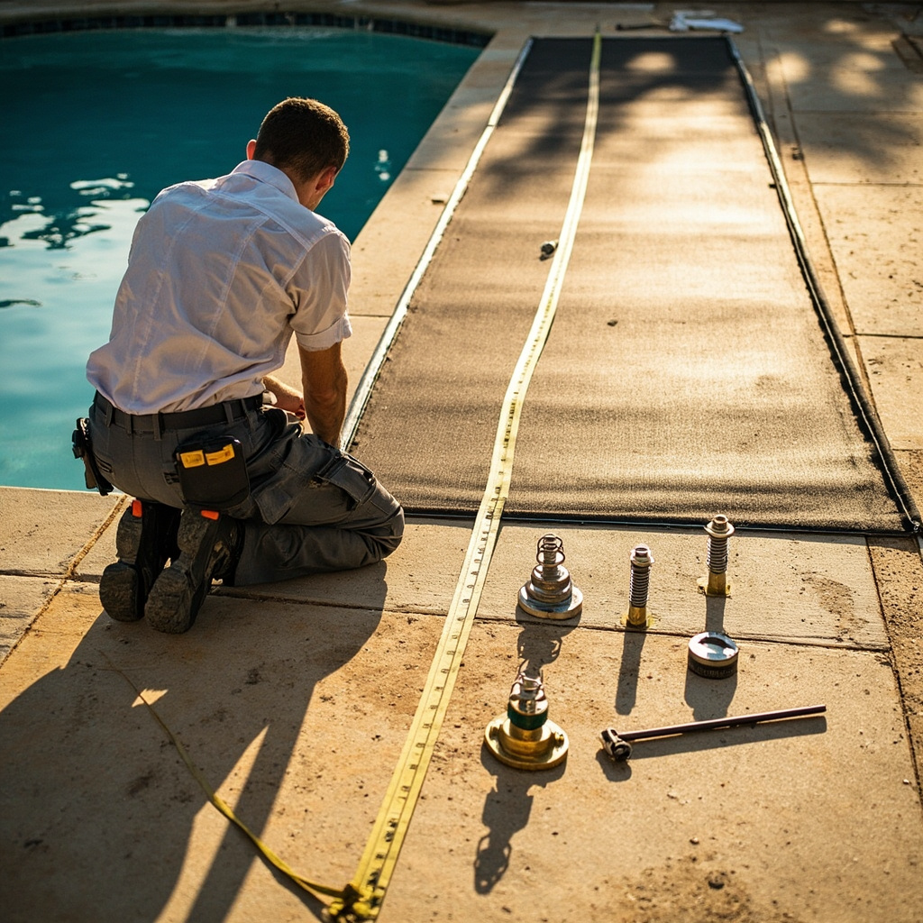 Cover installer kneeling on tan deck, extending yellow tape across pool to measure deck-to-deck for cover fitting