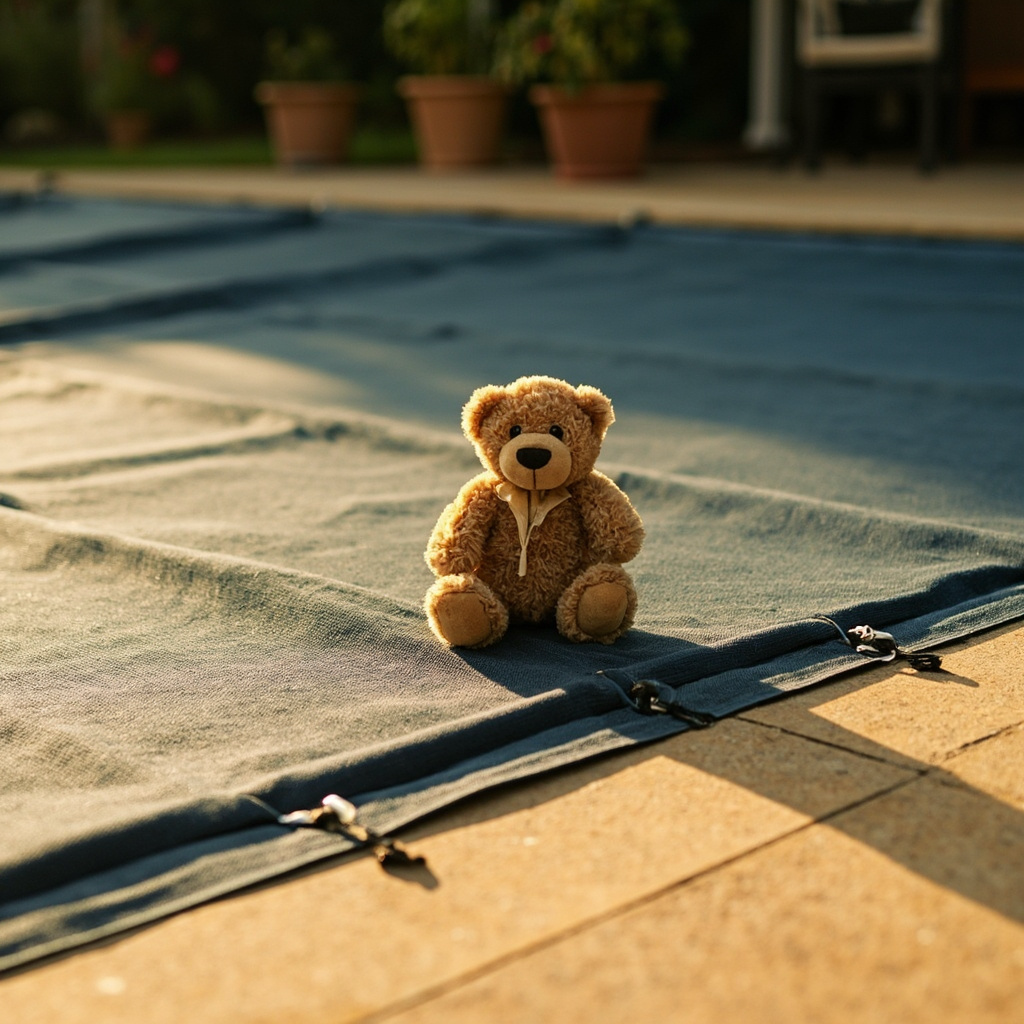 ASTM-rated dark mesh safety cover stretched taut over a residential pool with a teddy bear standing on it