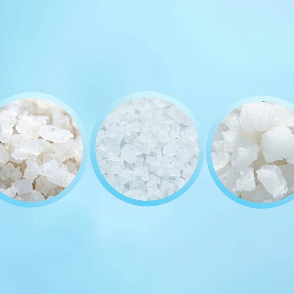 Three close-up circles showing solar medium, evaporated fine, and mined coarse crystal salt side by side