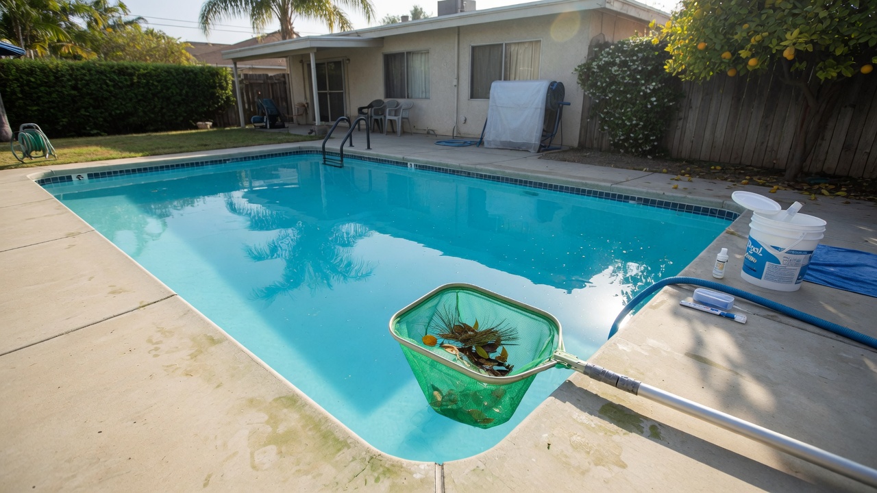 Backyard pool with a skimmer net for weekly care