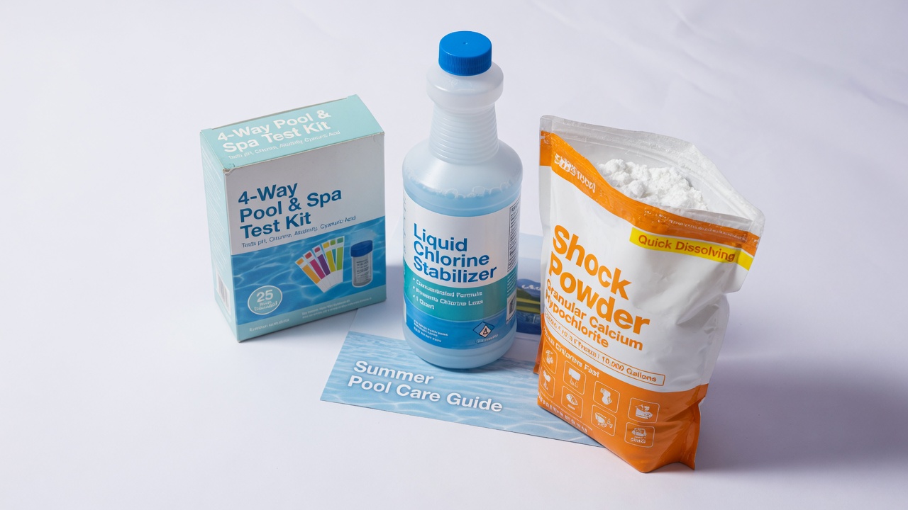 Pool test kit, chlorine bottle, and shock powder product photo