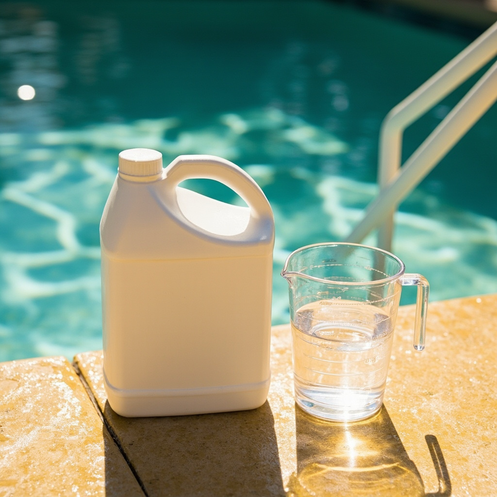 White HDPE 32-ounce pool algaecide bottle with built-in handle and clear measuring cup on a tan pool deck beside a teal pool