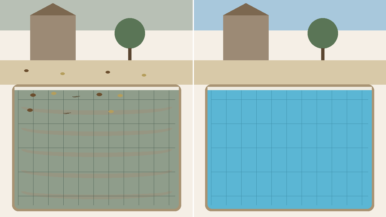 Side-by-side comparison of cloudy post-rain pool water left, crystal clear teal water right after enzyme clarifier