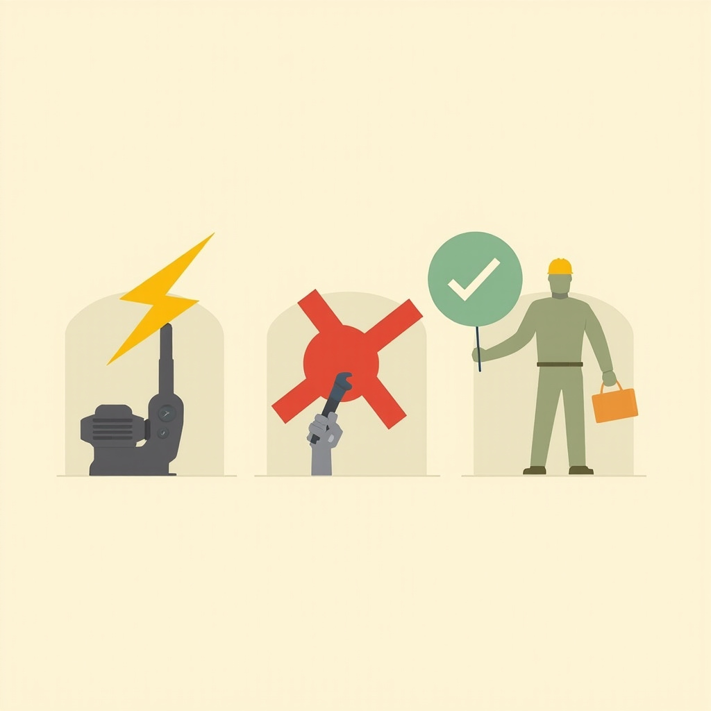 Warning: pool pump struck by lightning left, red X over DIY repair center, green check on hard-hat electrician right