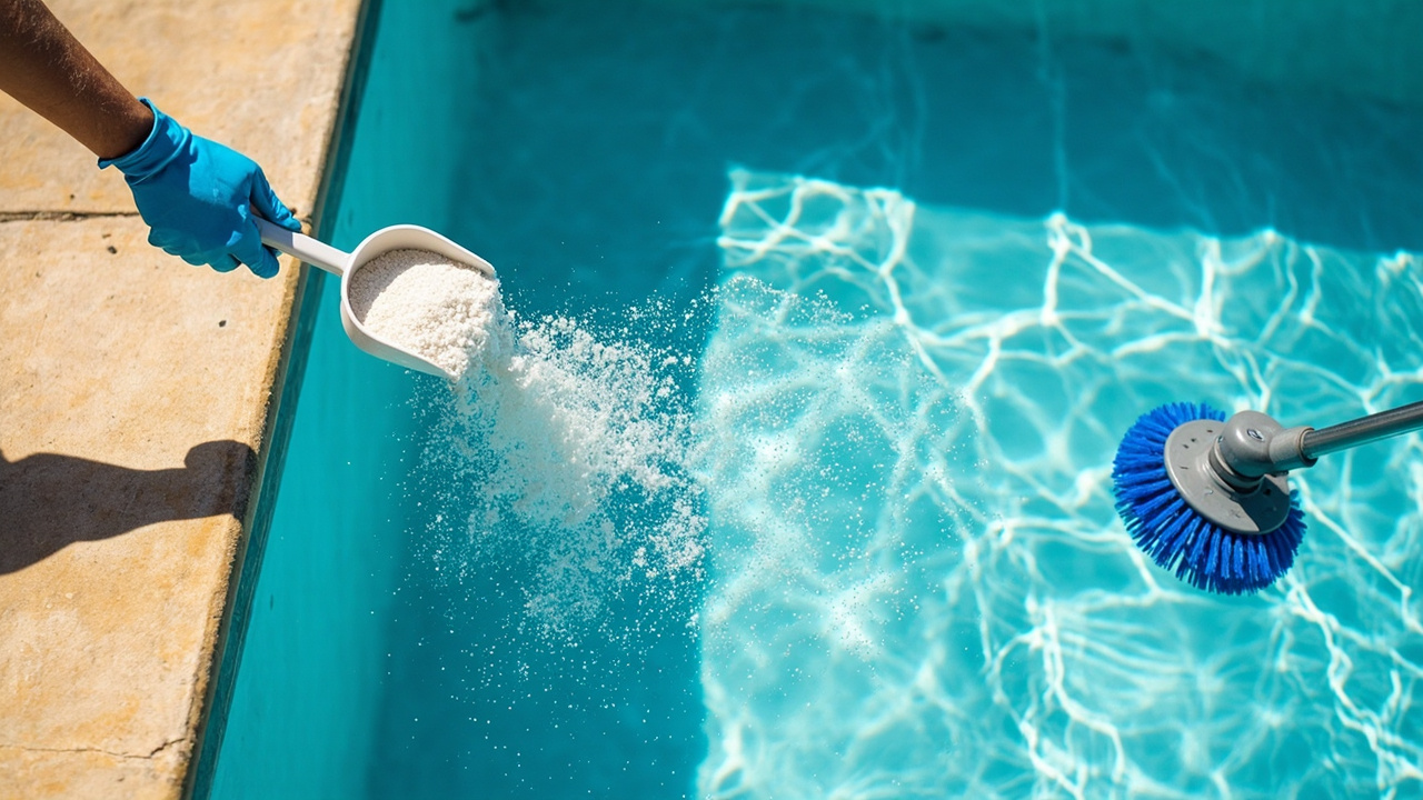 Three-step pool shock sequence left to right: scoop granular shock, broadcast across deep end, then brush the pool bottom