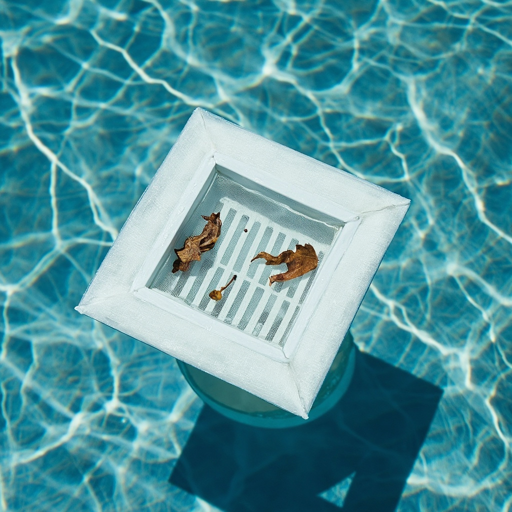 Skimmer sock stretched over a pool skimmer basket, trapping leaves and fine debris after a storm