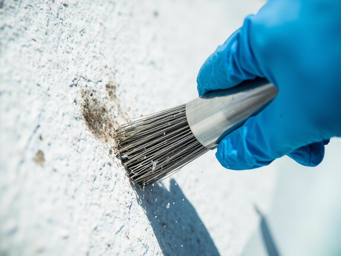 Pool owner wire-brushing black algae spots on plaster with a stainless steel brush