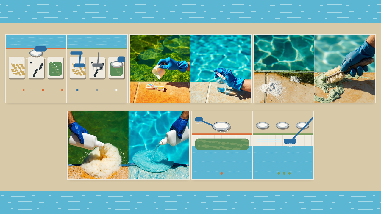 Five common algae-treatment mistakes shown side by side with their correct alternatives