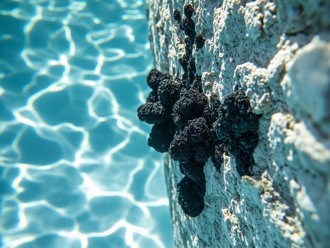 Close-up of black algae colonies on pool plaster