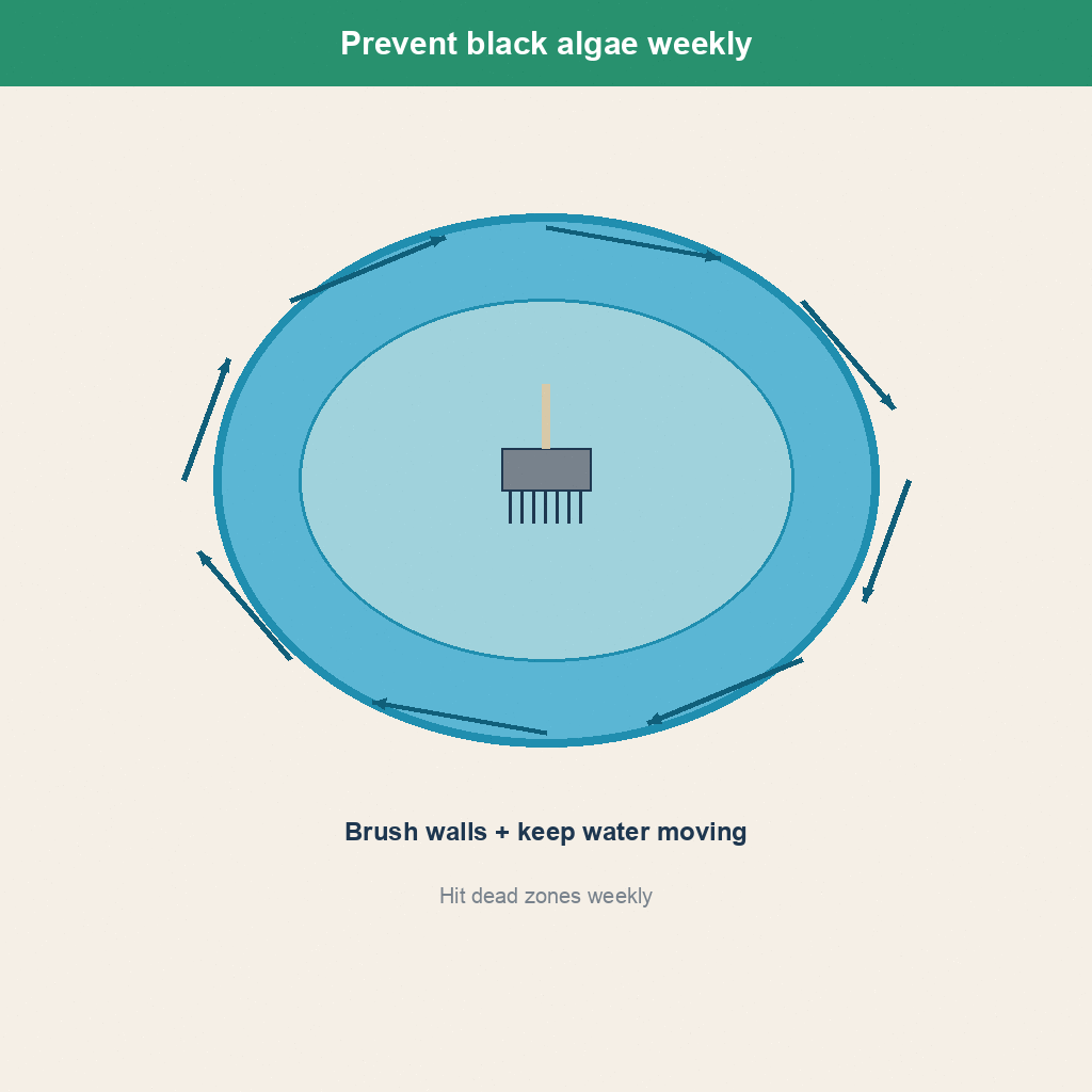 Weekly brushing and circulation to prevent black algae