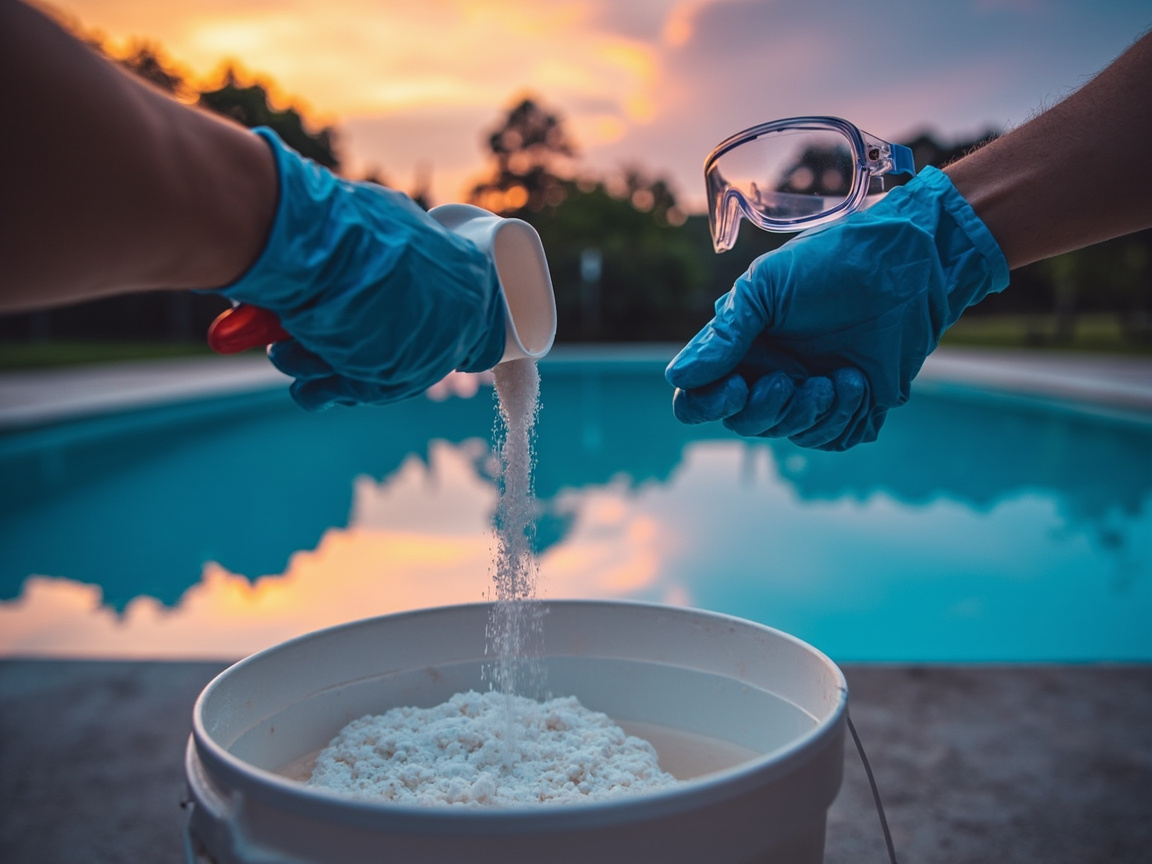 Pool owner in gloves and safety glasses pre-dissolving cal-hypo shock in a bucket at dusk