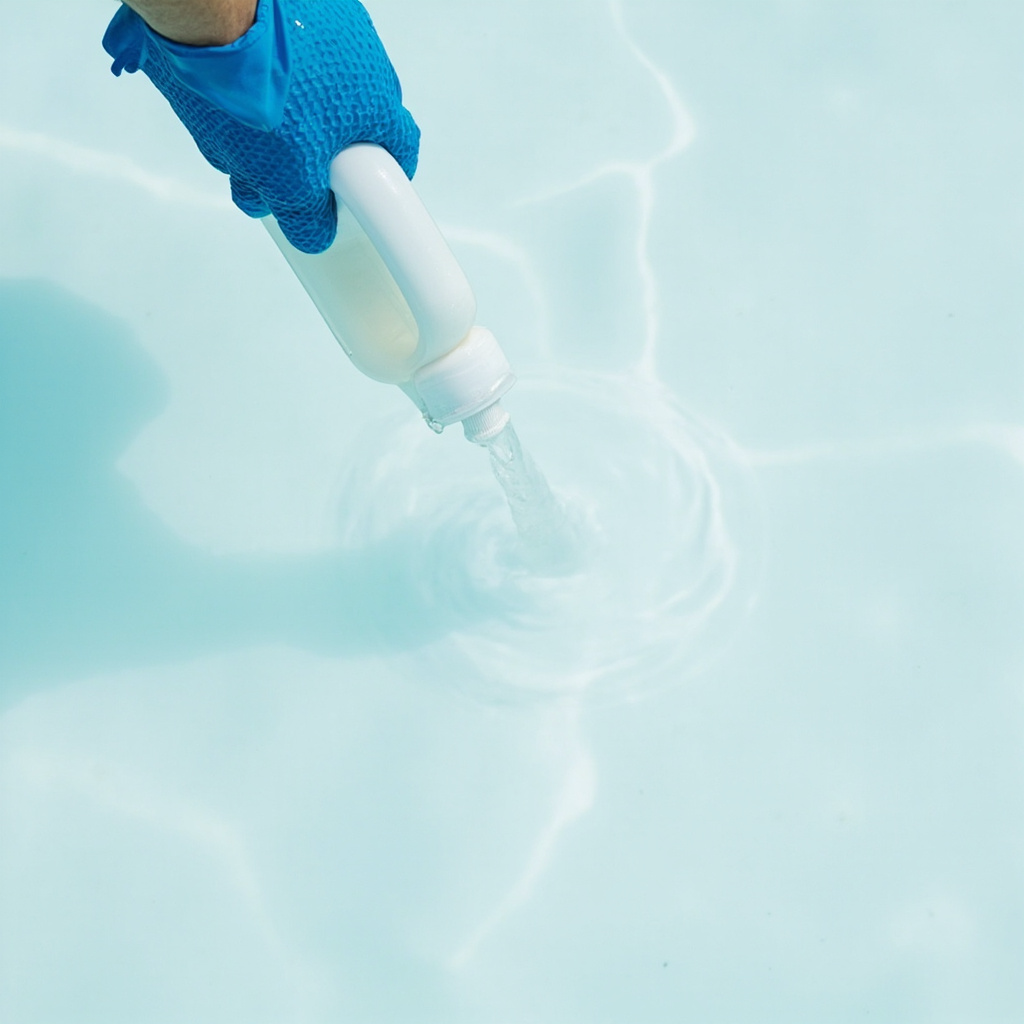 Top-down view of gloved hand pouring clarifier liquid into hazy pool water beside skimmer