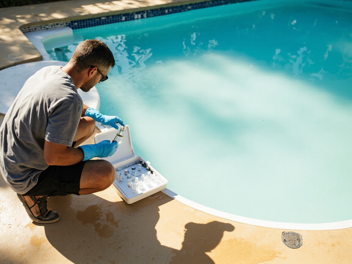Pool owner kneeling at deck beside hazy pool, retesting water with test kit vials after diagnosing