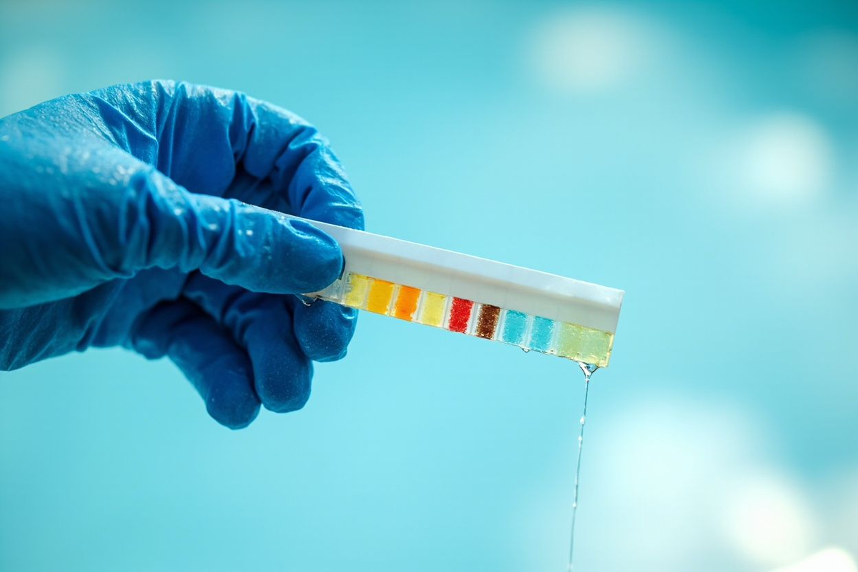 Hand in pool glove holding a wet 7-way test strip lifted out of pool water with colored pads visible