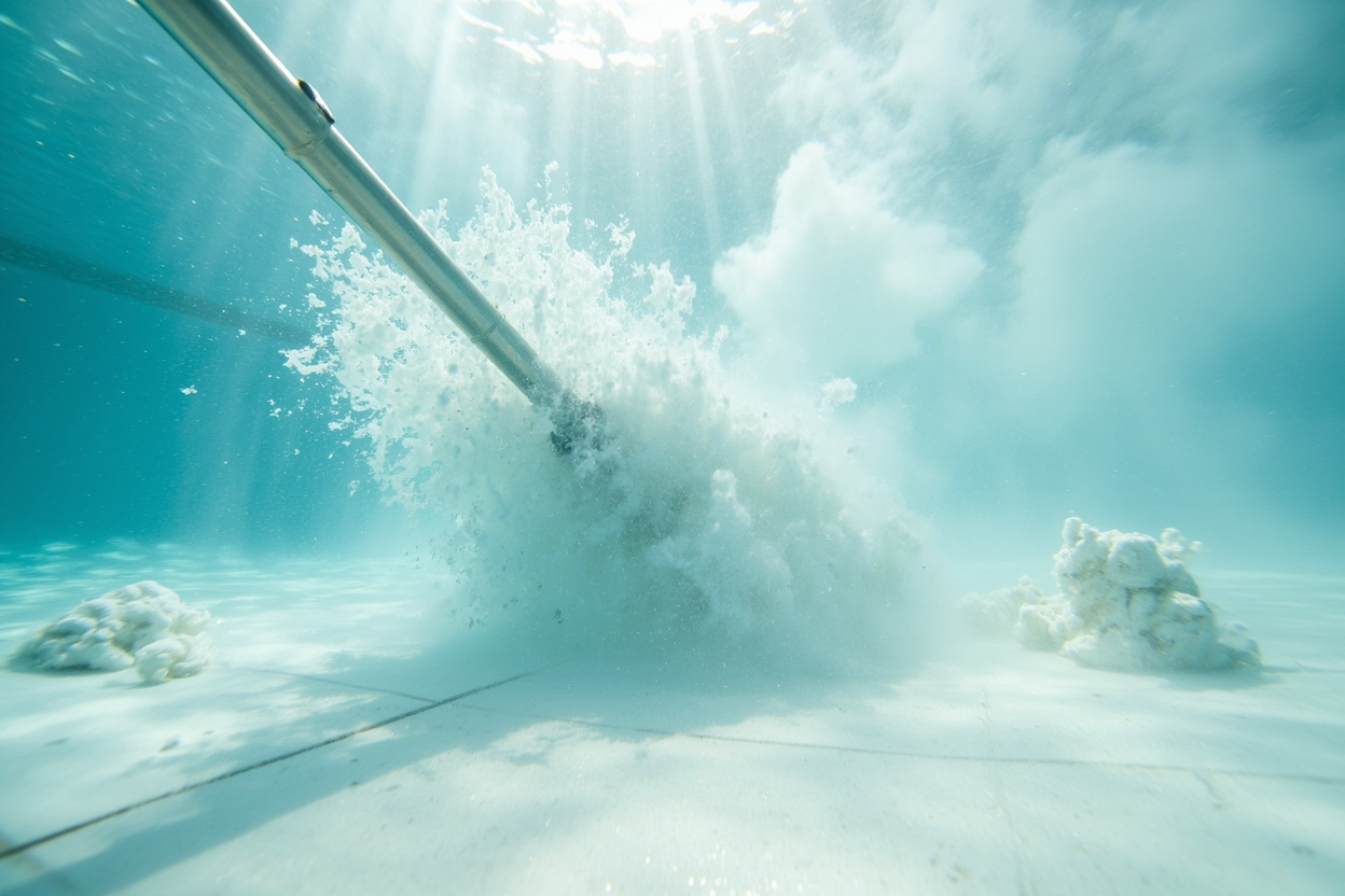 Underwater view of telescopic pool vacuum head sweeping debris from hazy pool floor after flocculant