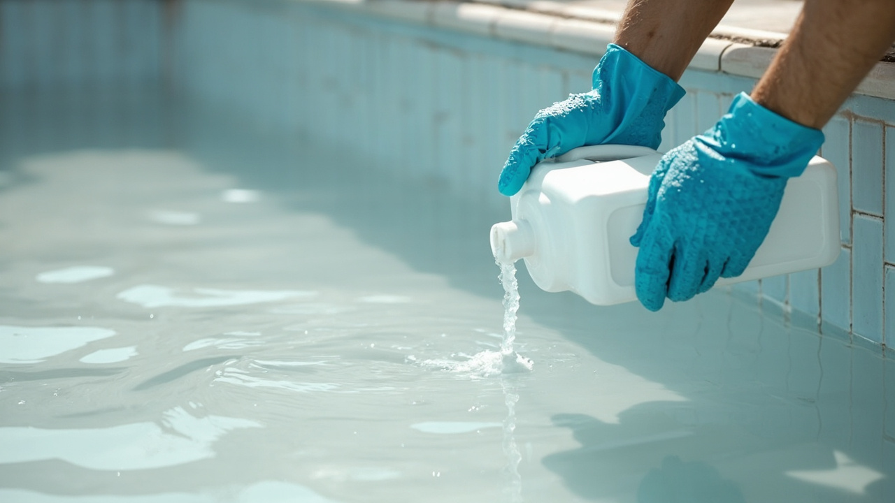 Pool owner in blue gloves pouring white milky liquid clarifier bottle into pool water along edge with pump running, cloudy water visibly hazy
