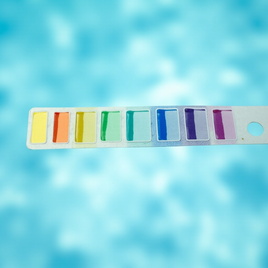Seven-way pool test strip with labeled pads and target ranges for each parameter