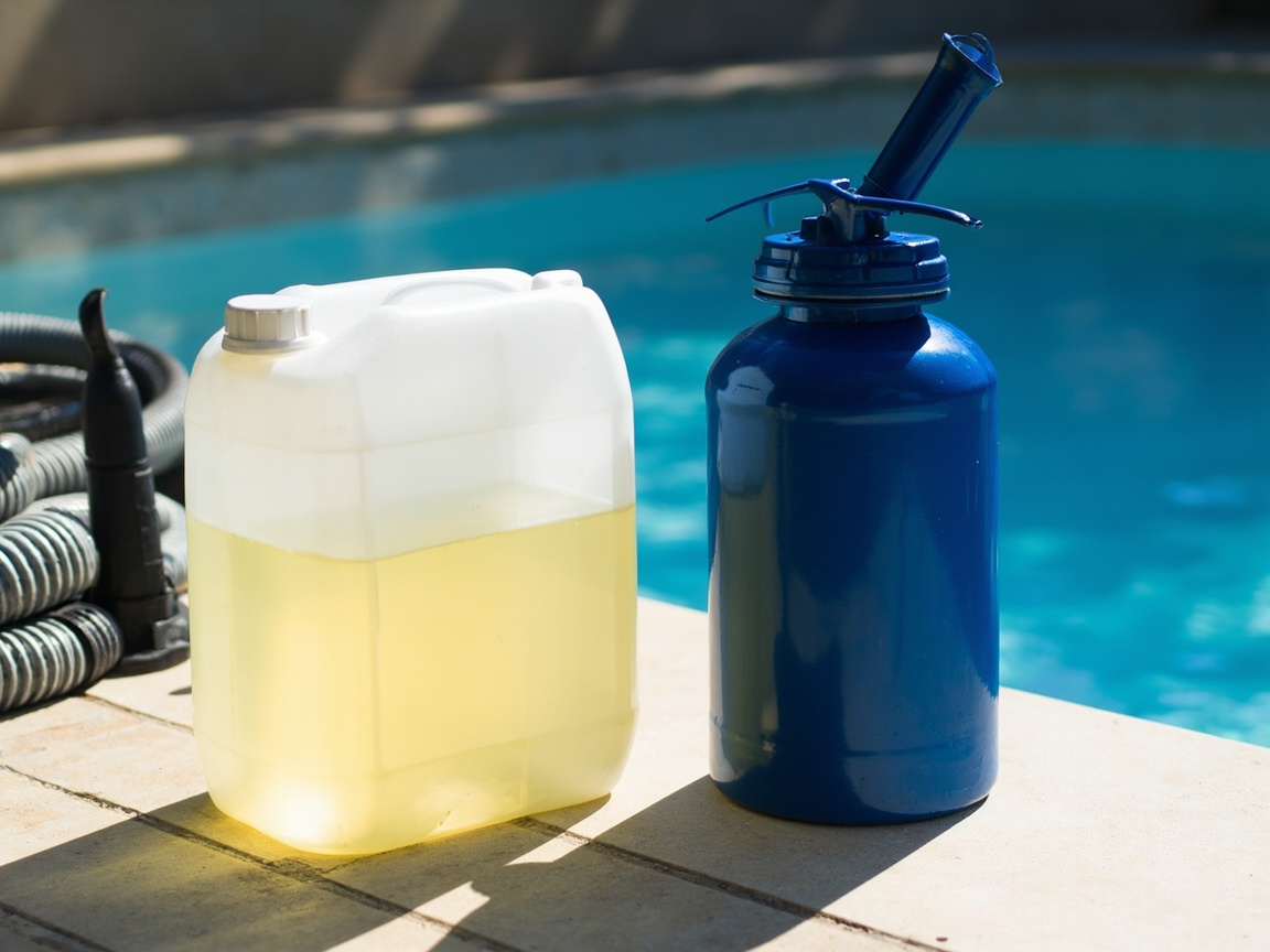 Two plain pool-treatment bottles for comparing an enzyme treatment with defoamer