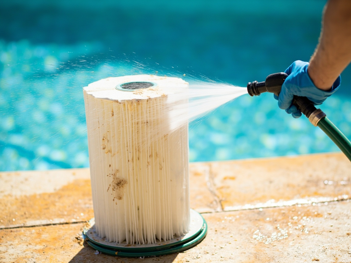 Blue-gloved hand spraying a pleated pool filter cartridge with a connected garden hose