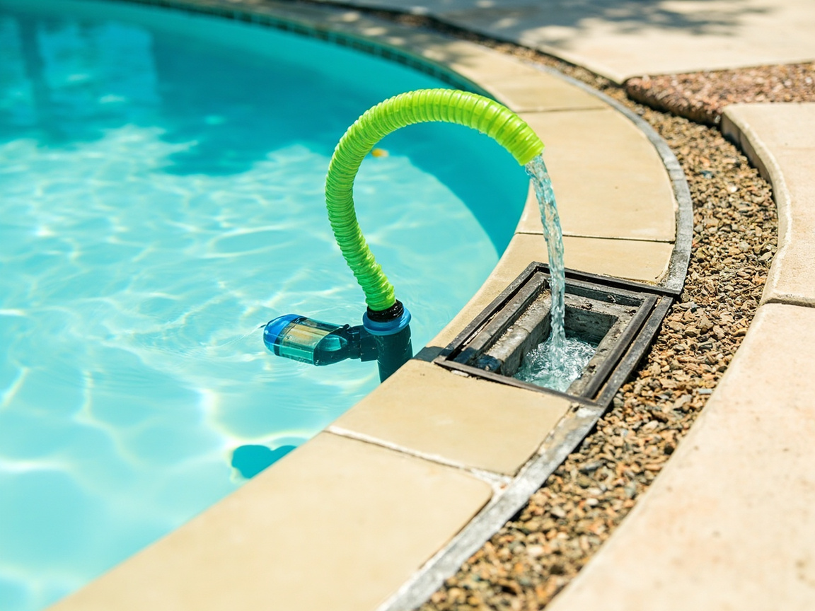 Green hose pumping pool water over the coping into a deck drain during a partial drain