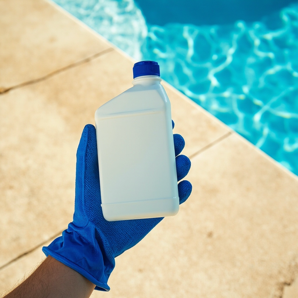 Blue-gloved hand holding a plain white algaecide bottle with a blue cap beside a swimming pool