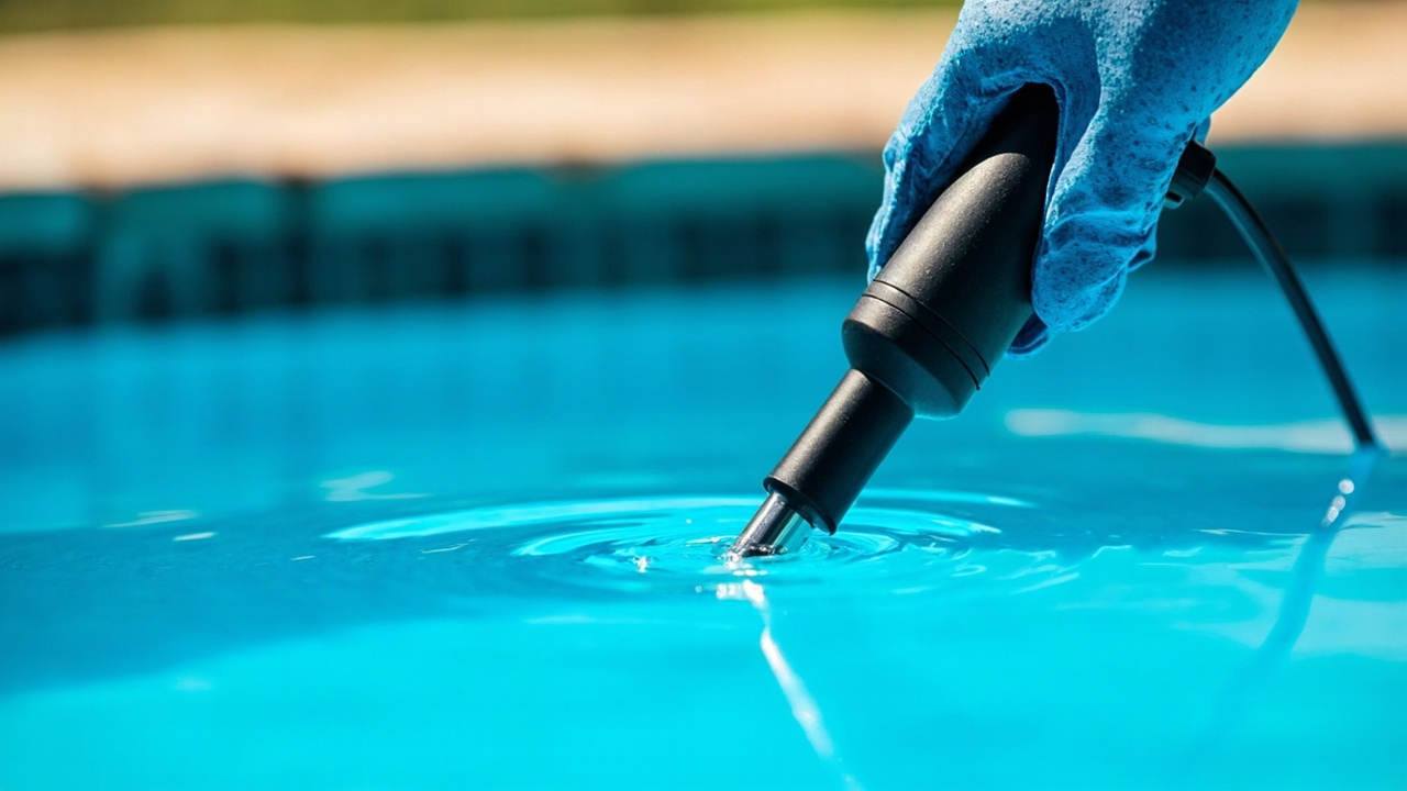 Blue-gloved hand holding a blank conductivity probe in blue pool water during a TDS check