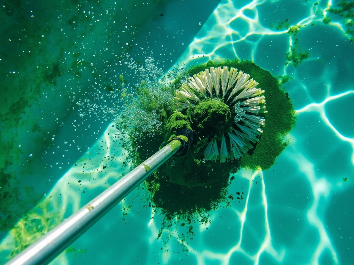 Telescopic pool brush scrubbing green algae film off swimming pool wall underwater